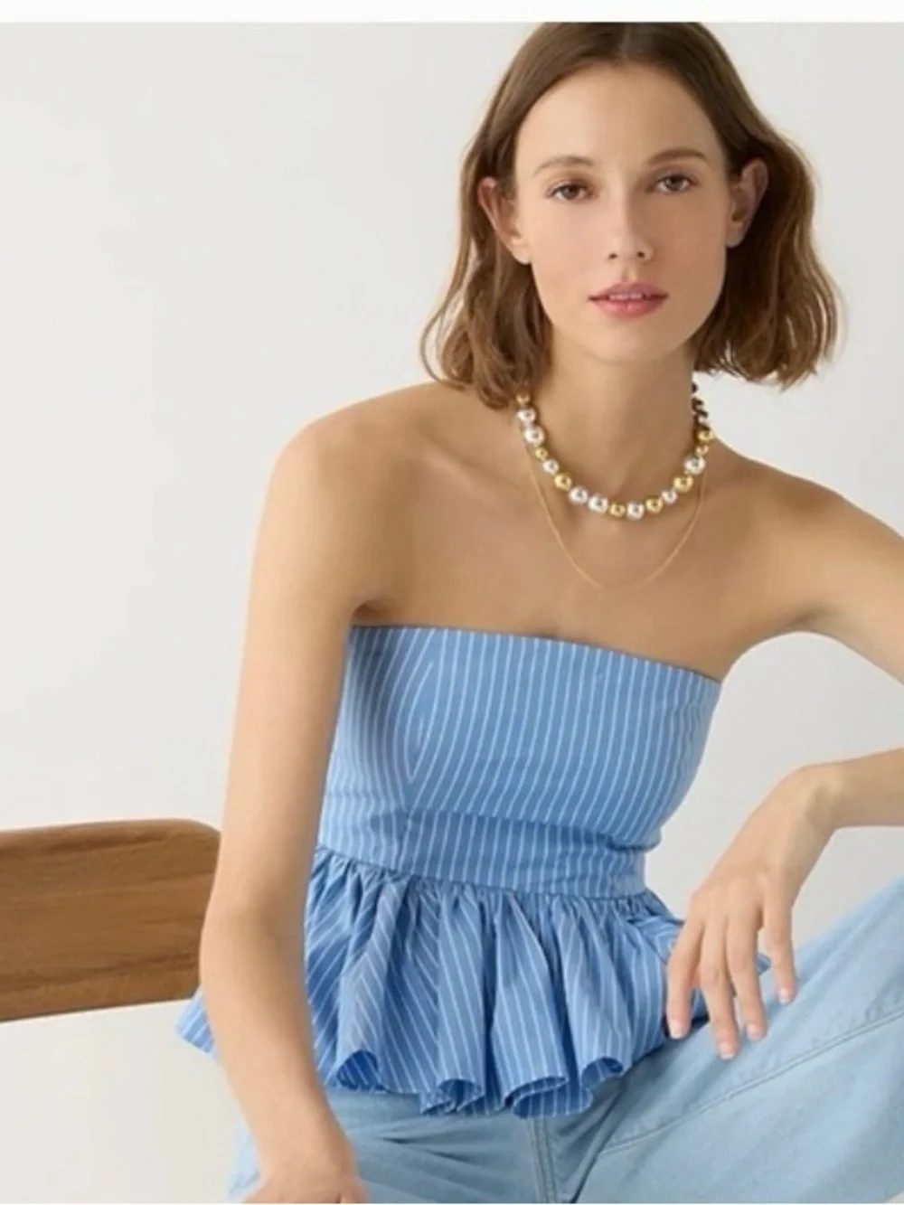 J.Crew Light Blue Striped Strapless Peplum Top Size 4